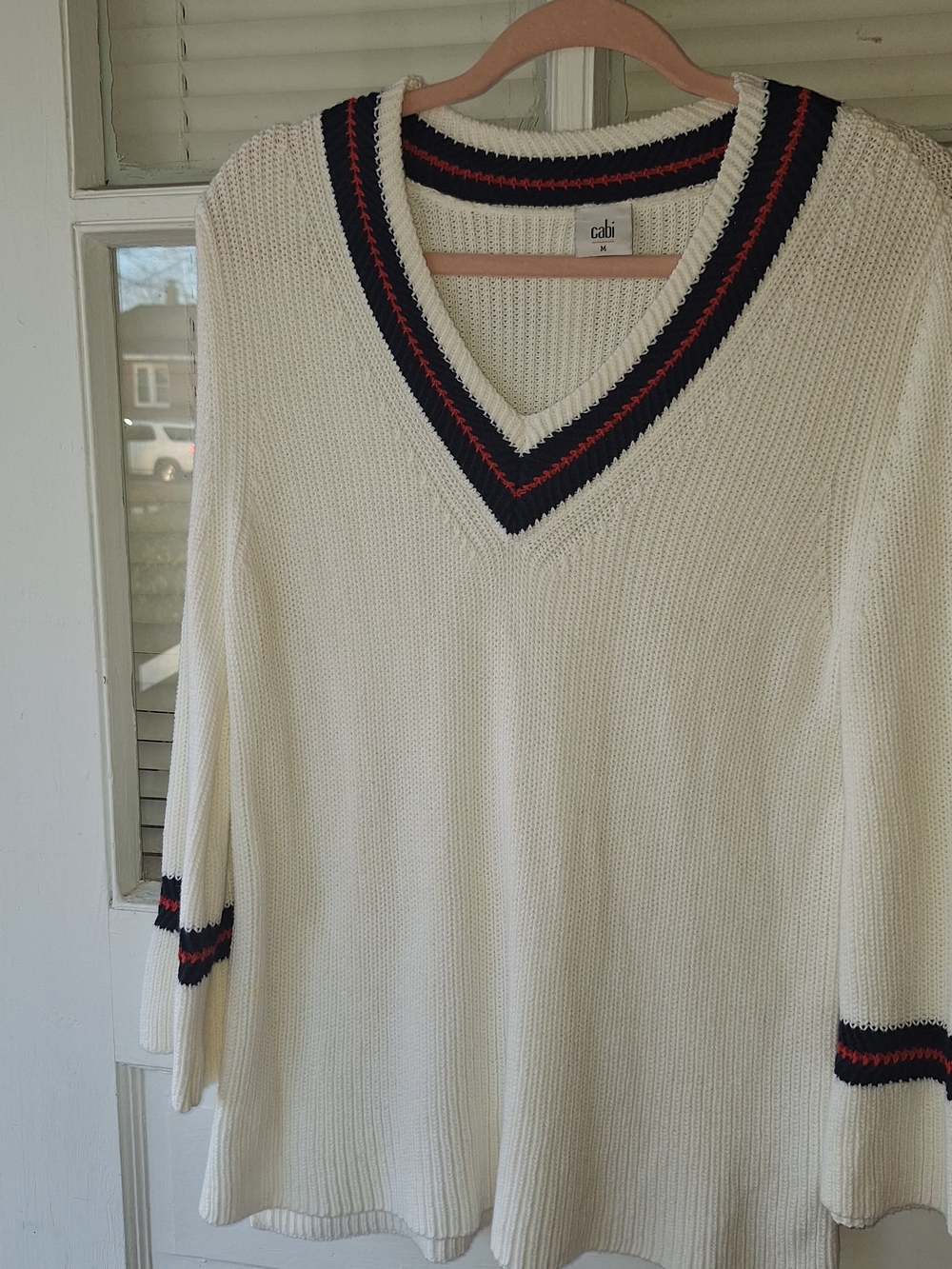 CAbi Cream V-Neck Sweater with Navy and Red Stripe Trim